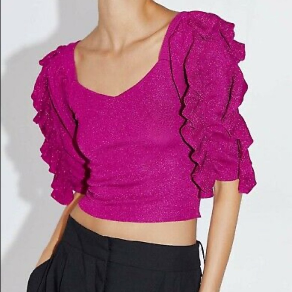 Zara ruffle sleeves metallic knit crop too
